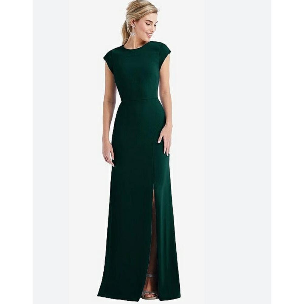 NWT Thread Bridesmaid Evergreen Cap Sleeve Open Back Trumpet Gown Front Slit 8